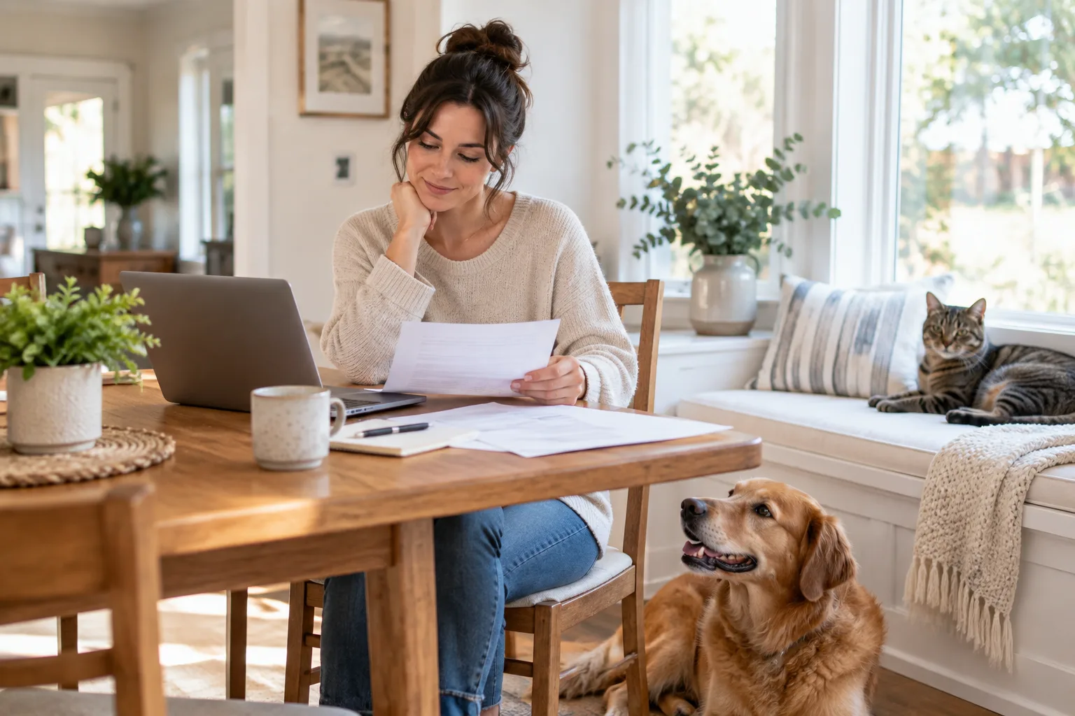 Owner working at a table with dog and cat nearby