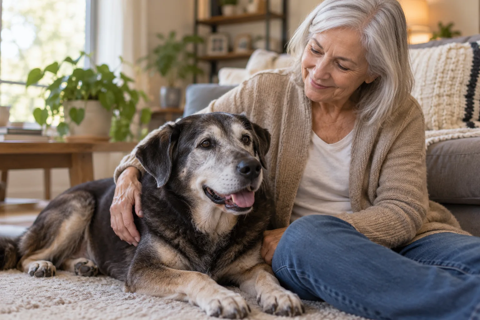 Owner beside a gray-muzzled dog at home